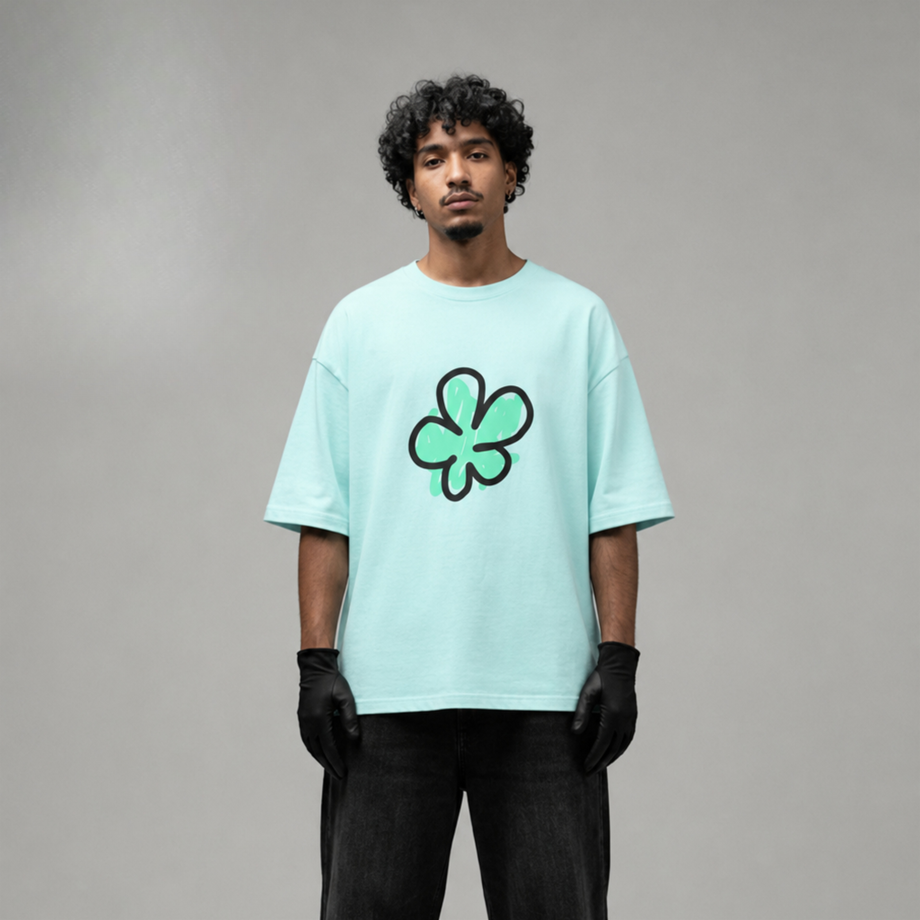"Cosmic Graffiti" Abstract Floral Oversized Graphic T-Shirt in Mint Green