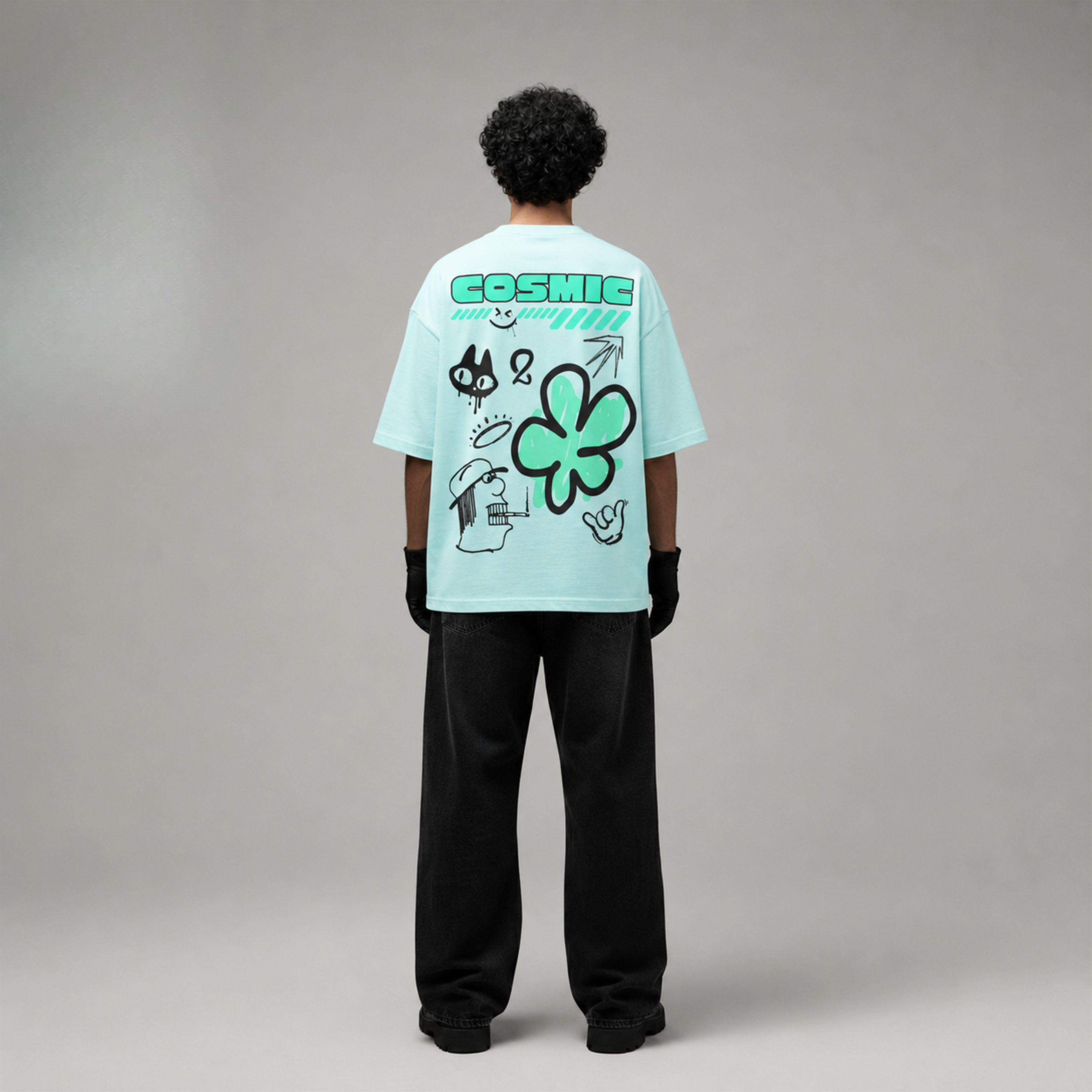 "Cosmic Graffiti" Abstract Floral Oversized Graphic T-Shirt in Mint Green