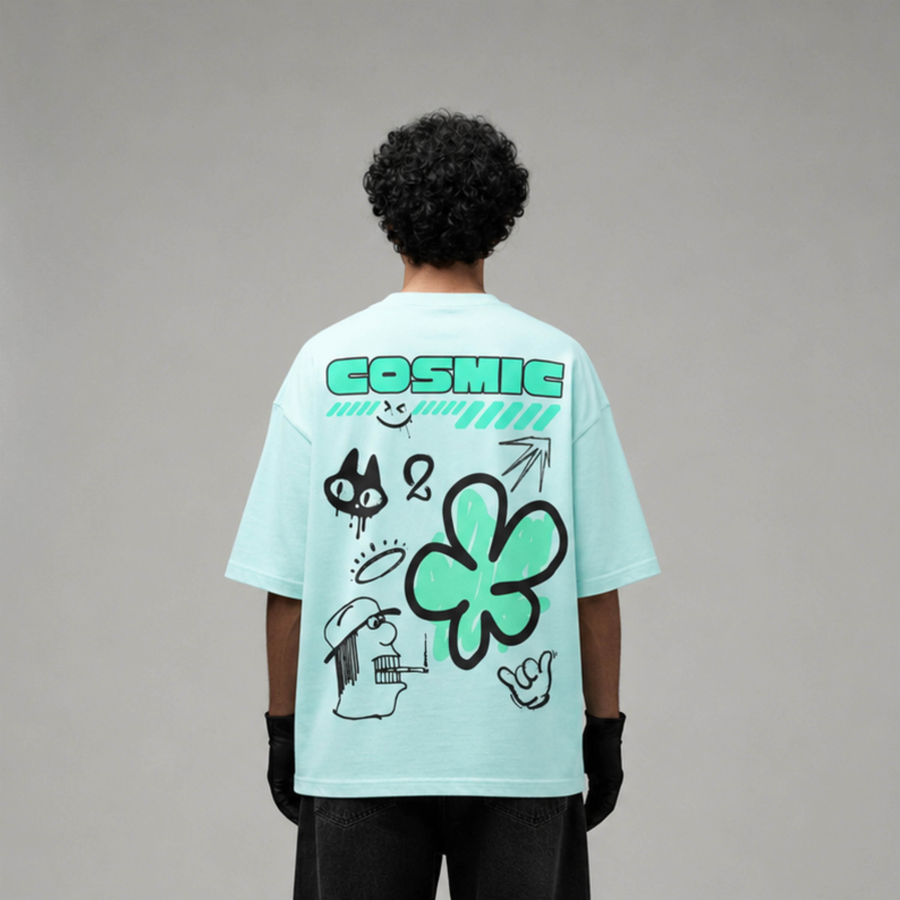 "Cosmic Graffiti" Abstract Floral Oversized Graphic T-Shirt in Mint Green