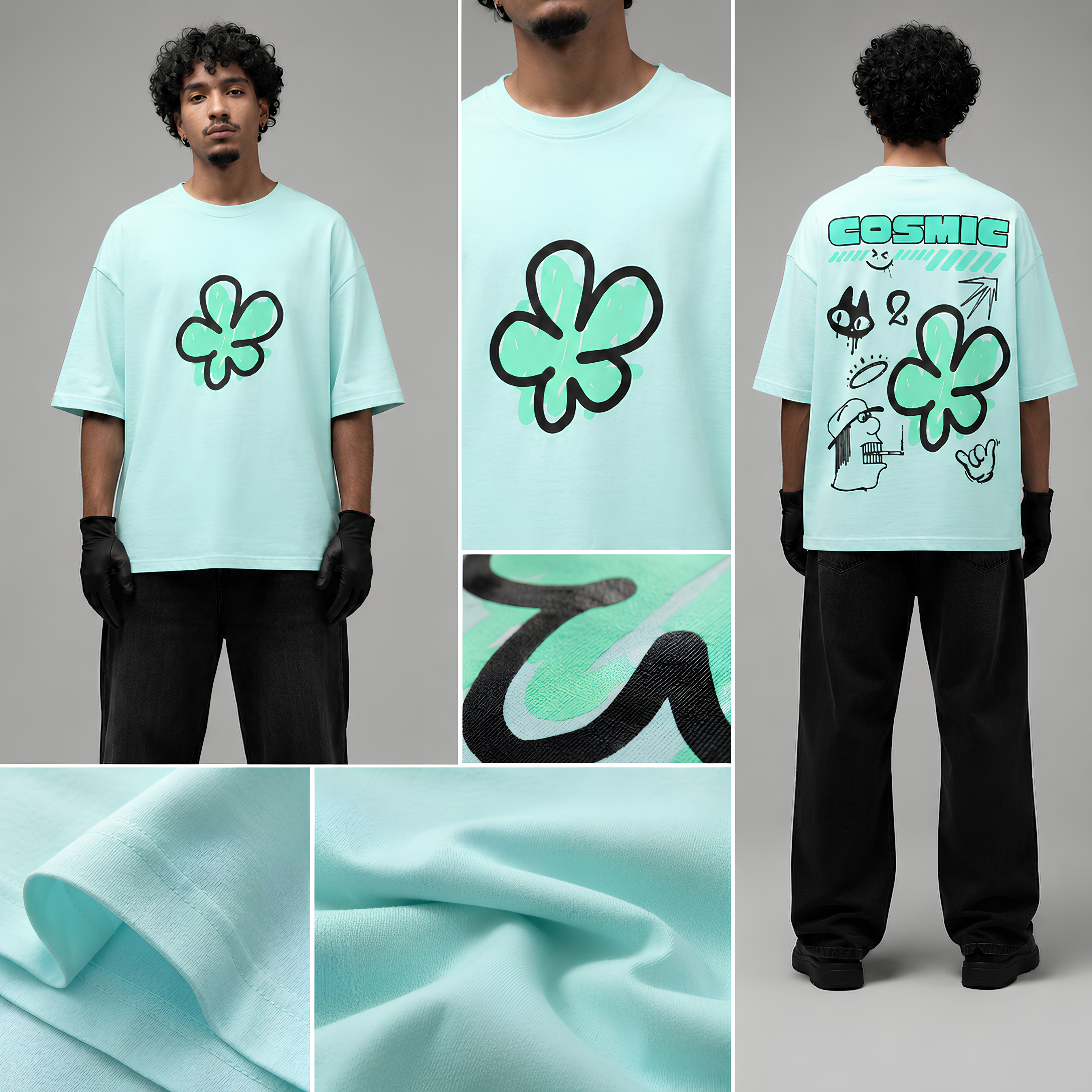 "Cosmic Graffiti" Abstract Floral Oversized Graphic T-Shirt in Mint Green