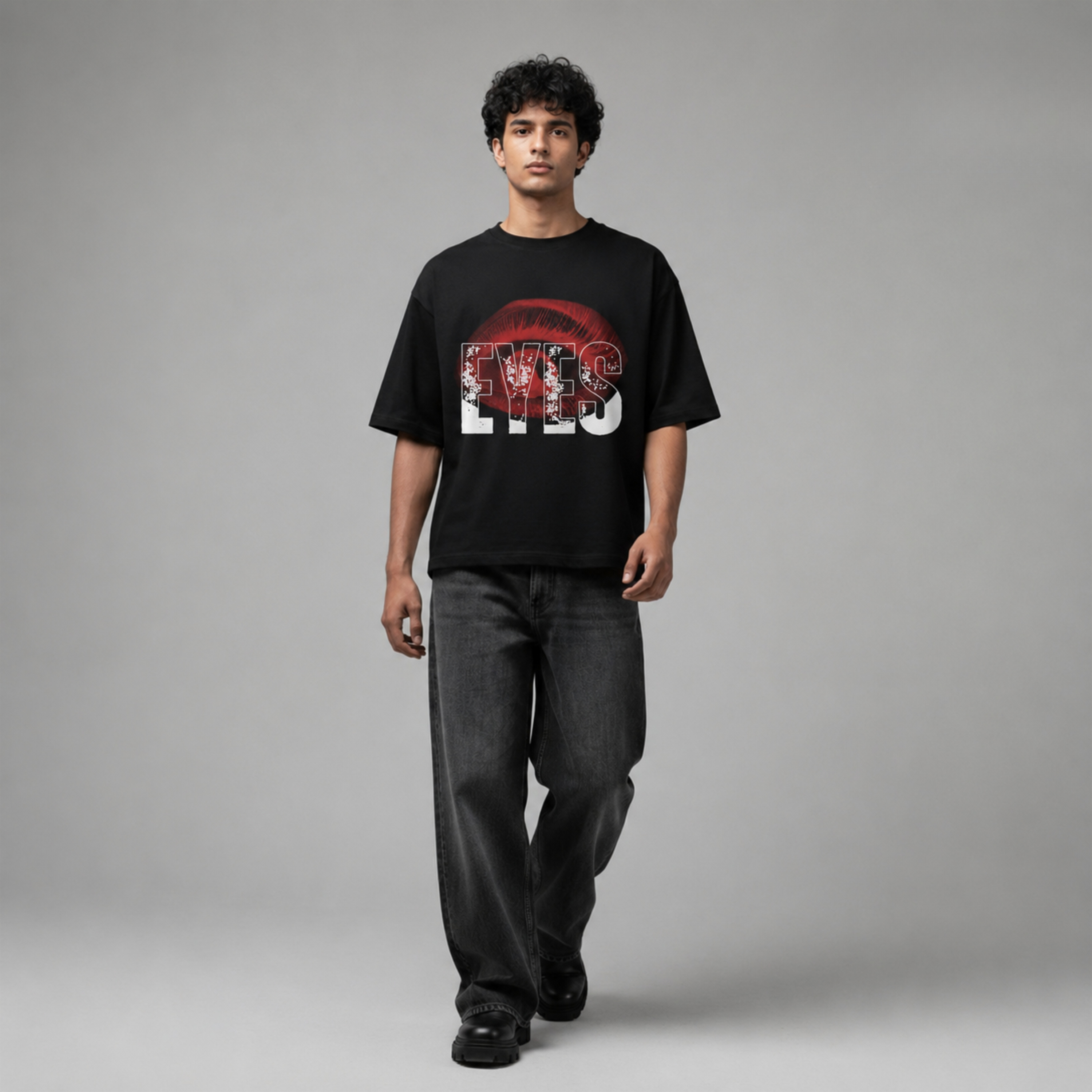 "Power of Eyes" Distressed Graphic Oversized T-Shirt in Black