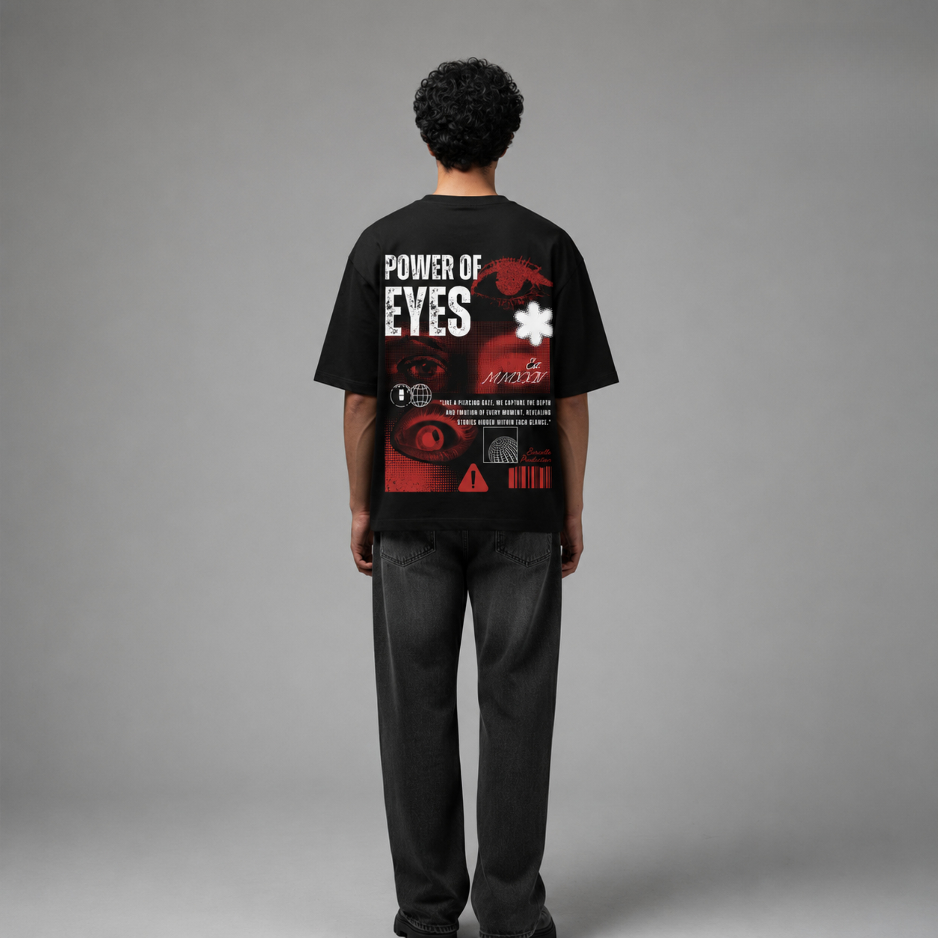 "Power of Eyes" Distressed Graphic Oversized T-Shirt in Black