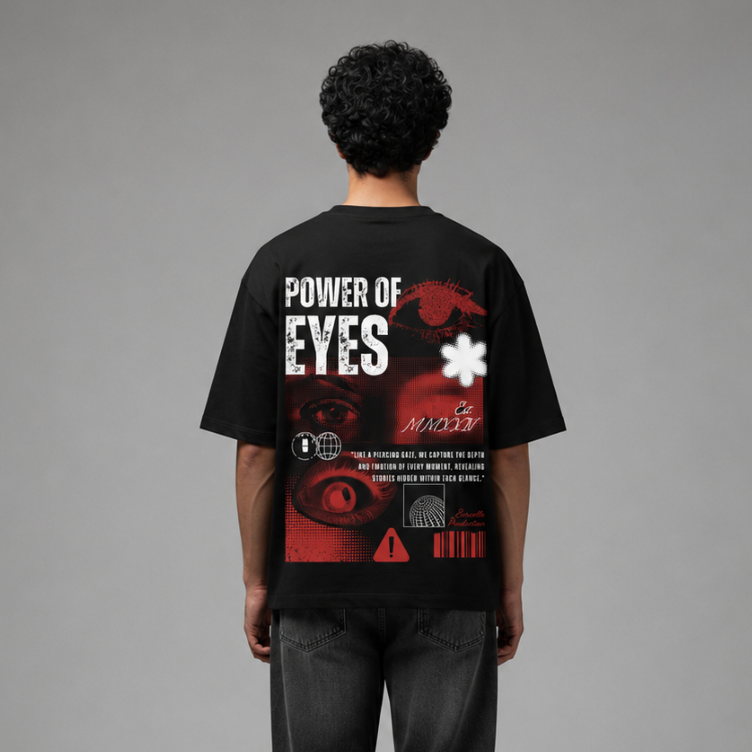 "Power of Eyes" Distressed Graphic Oversized T-Shirt in Black