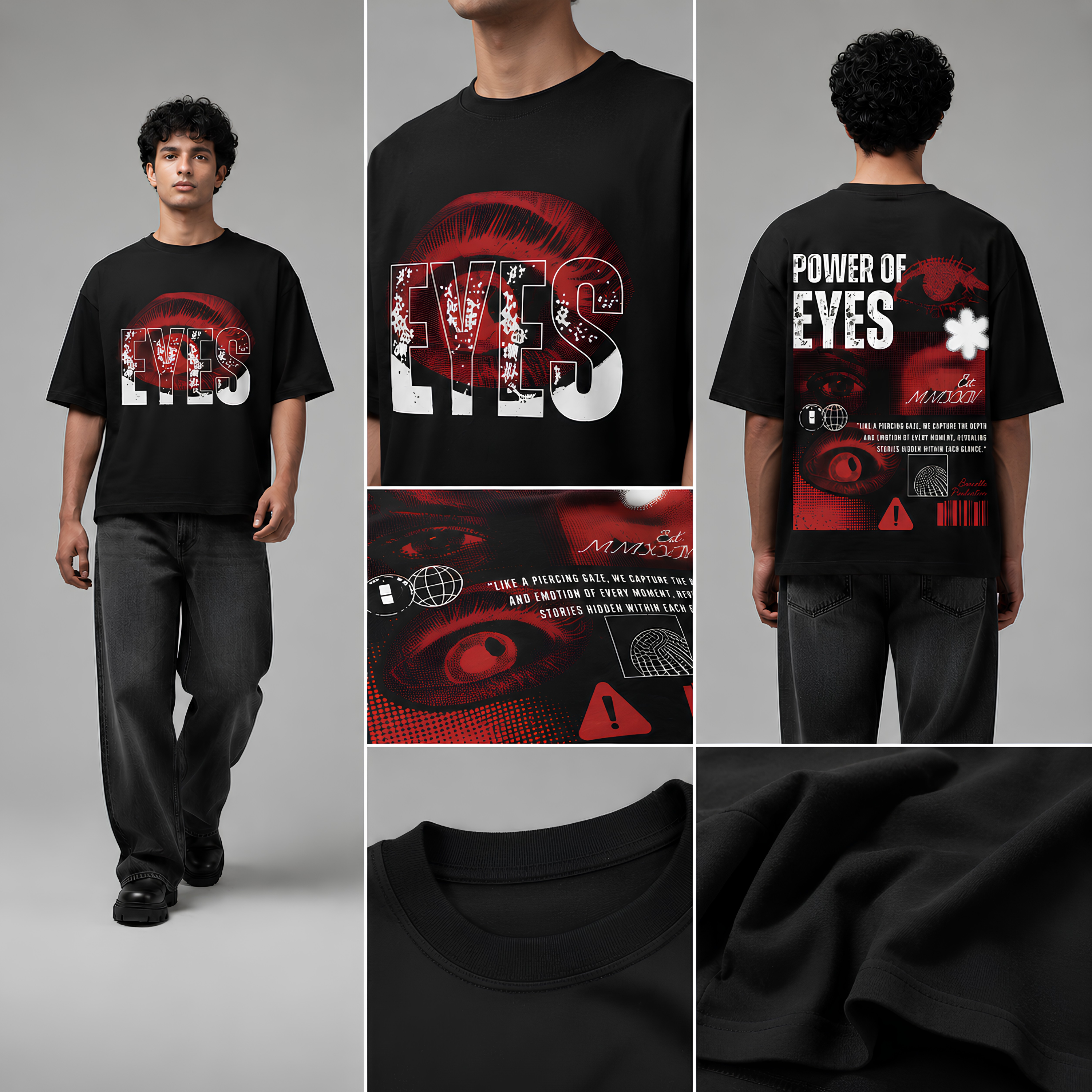 "Power of Eyes" Distressed Graphic Oversized T-Shirt in Black