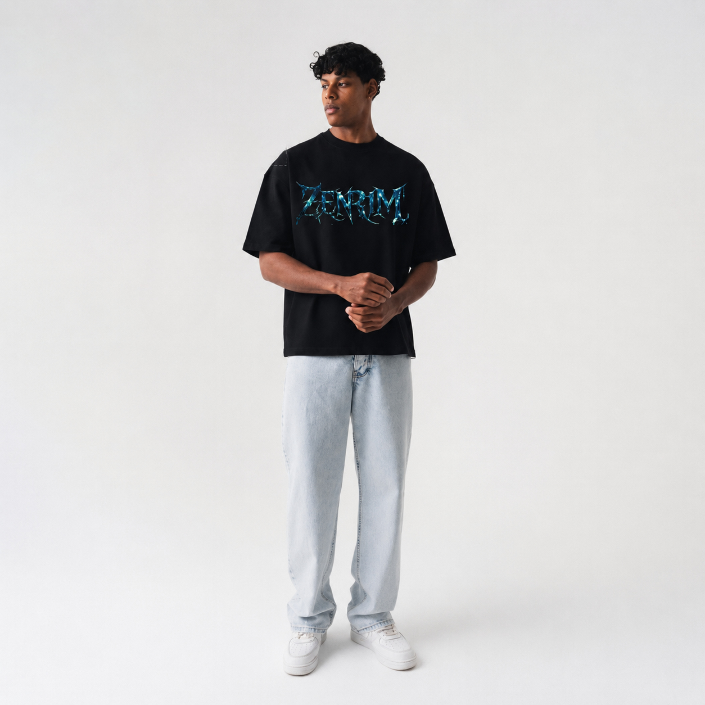 "Zenrim Celestial Beast" Cyber-Metallic Graphic Oversized T-Shirt in Black