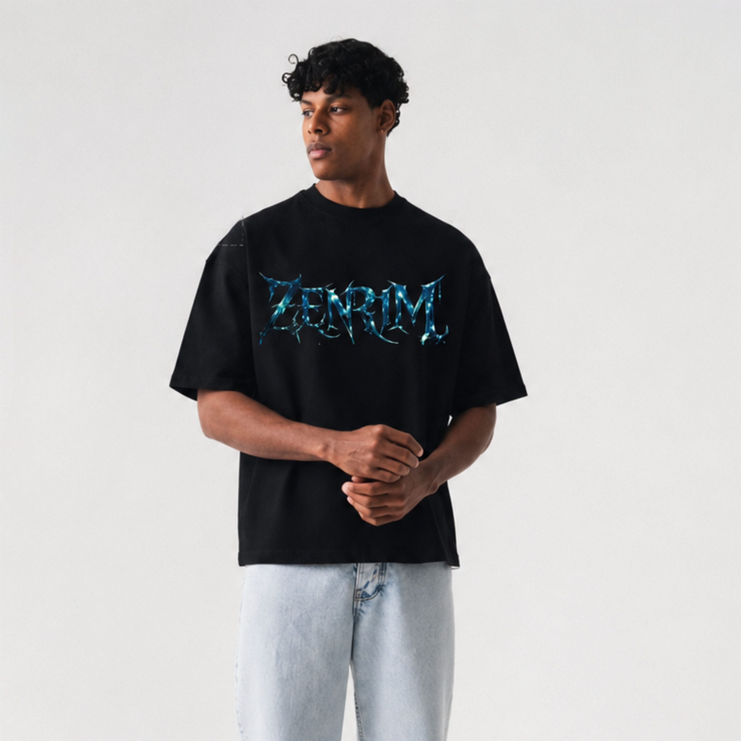 "Zenrim Celestial Beast" Cyber-Metallic Graphic Oversized T-Shirt in Black