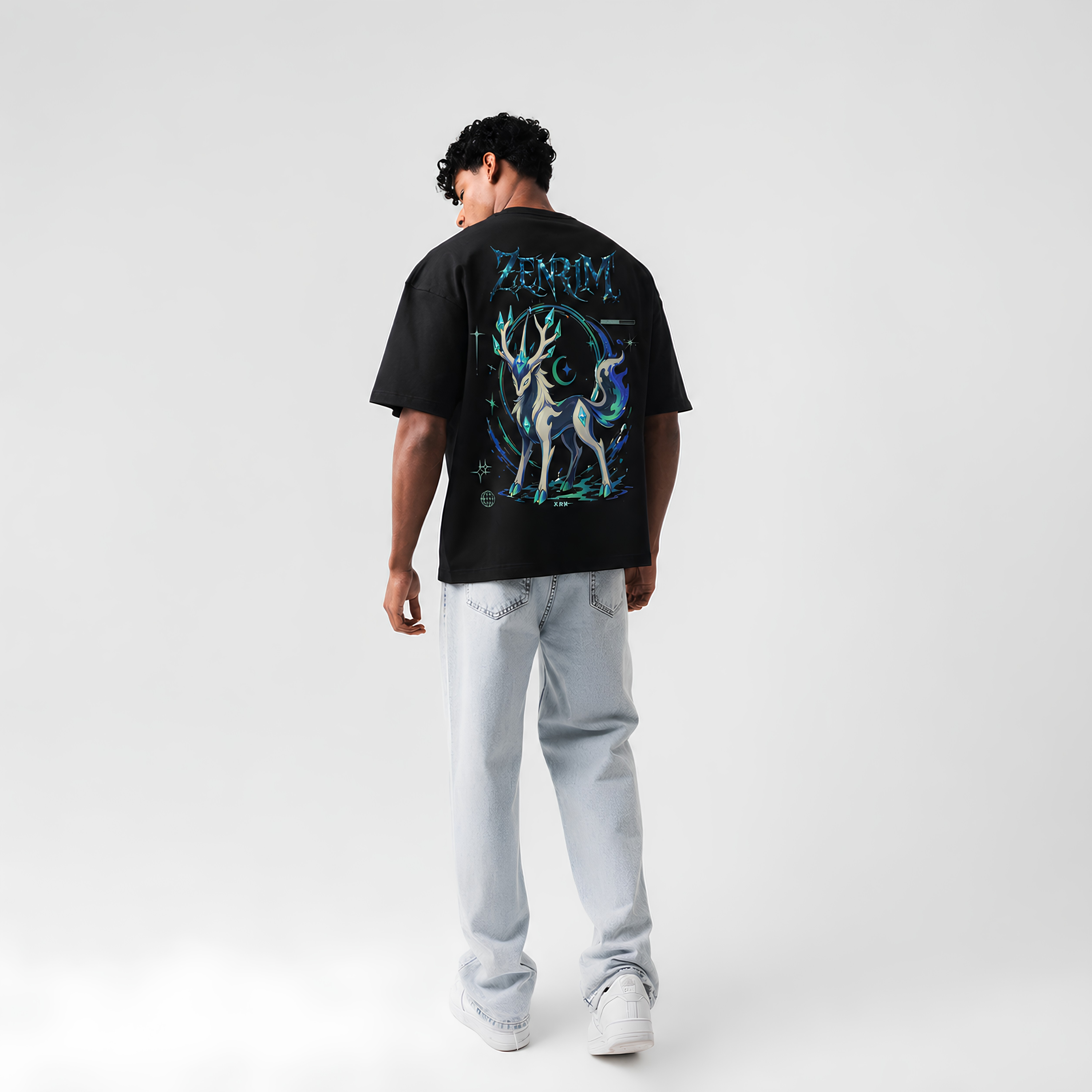 "Zenrim Celestial Beast" Cyber-Metallic Graphic Oversized T-Shirt in Black