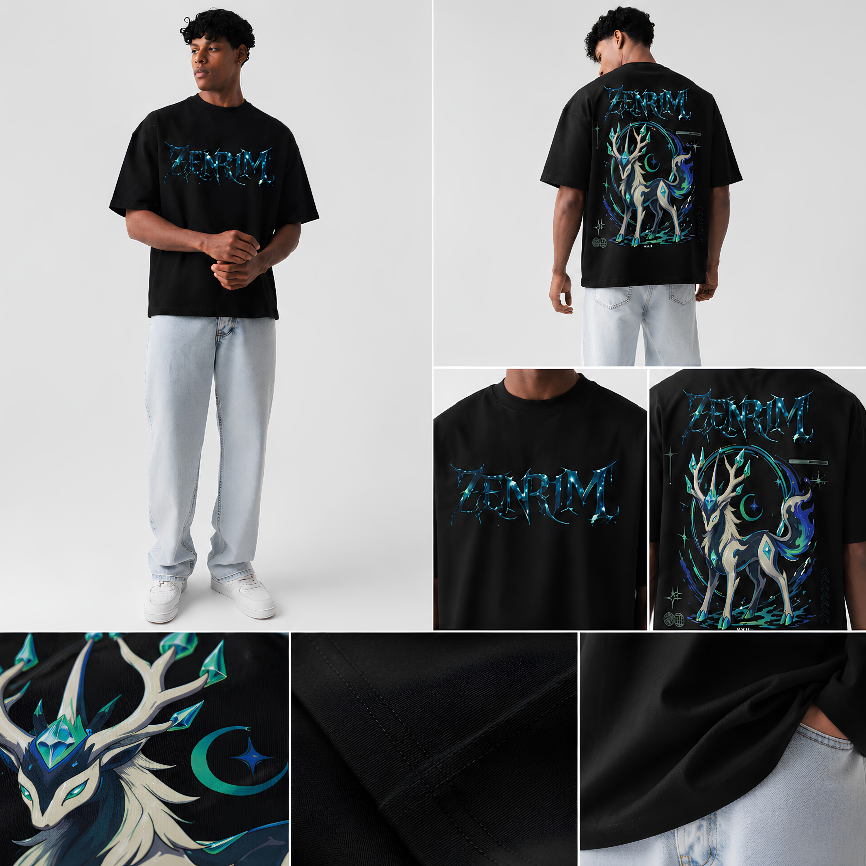 "Zenrim Celestial Beast" Cyber-Metallic Graphic Oversized T-Shirt in Black