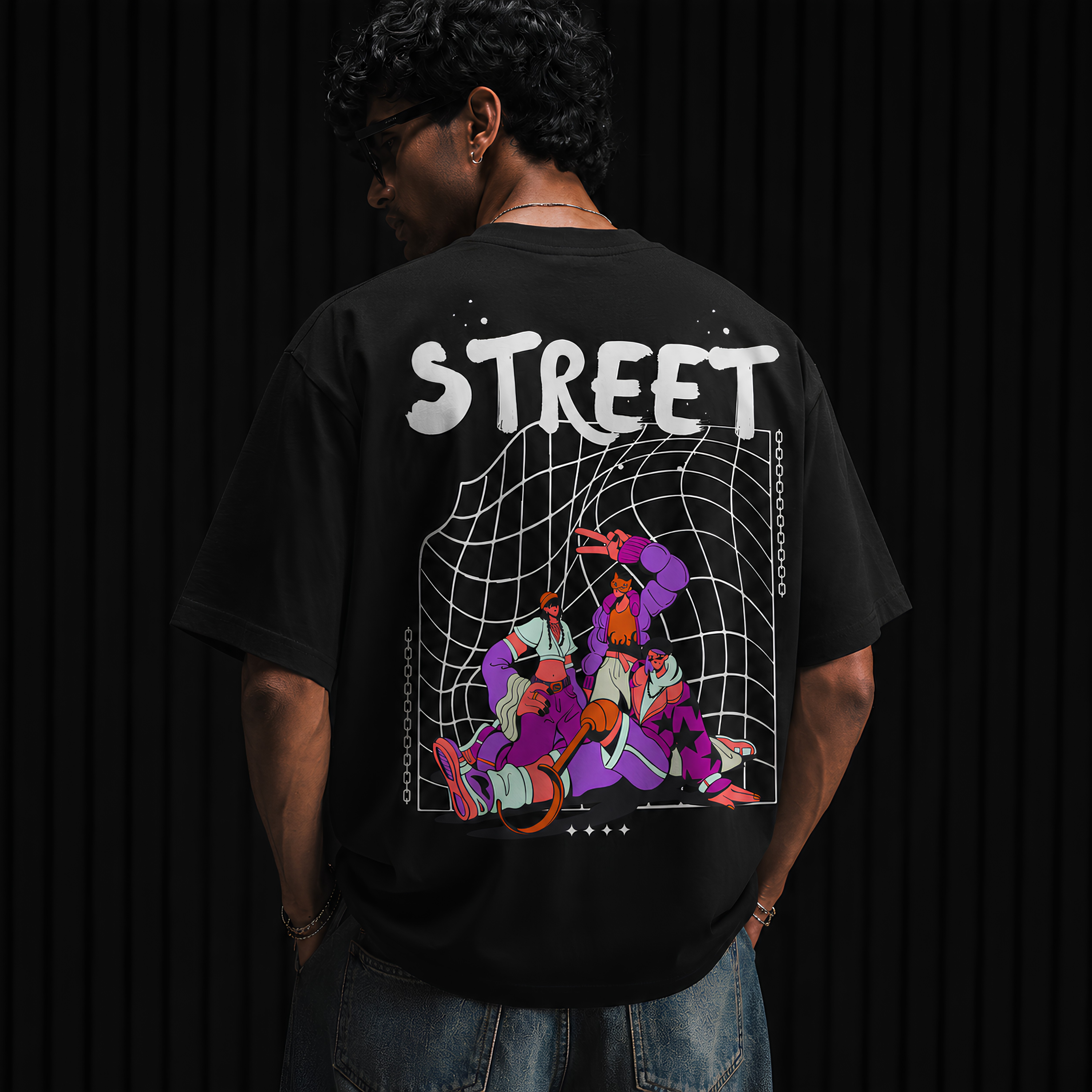 "Street Grid Culture" Graphic Oversized T-Shirt in Black