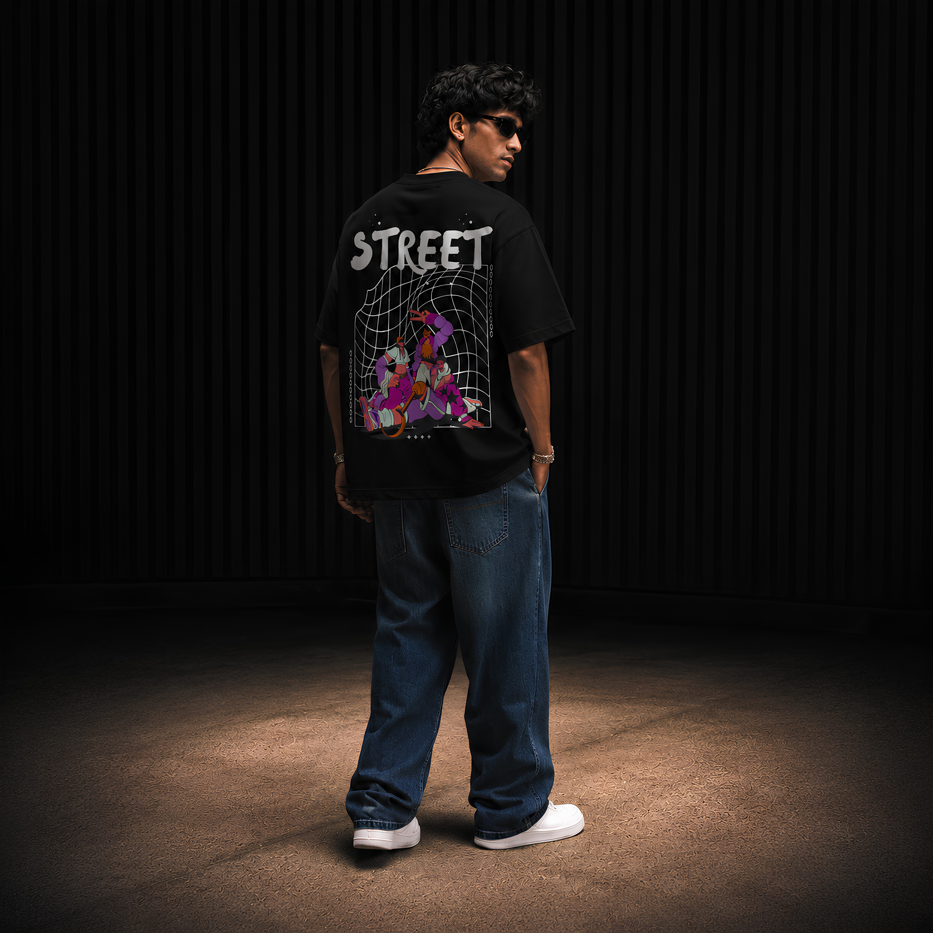 "Street Grid Culture" Graphic Oversized T-Shirt in Black