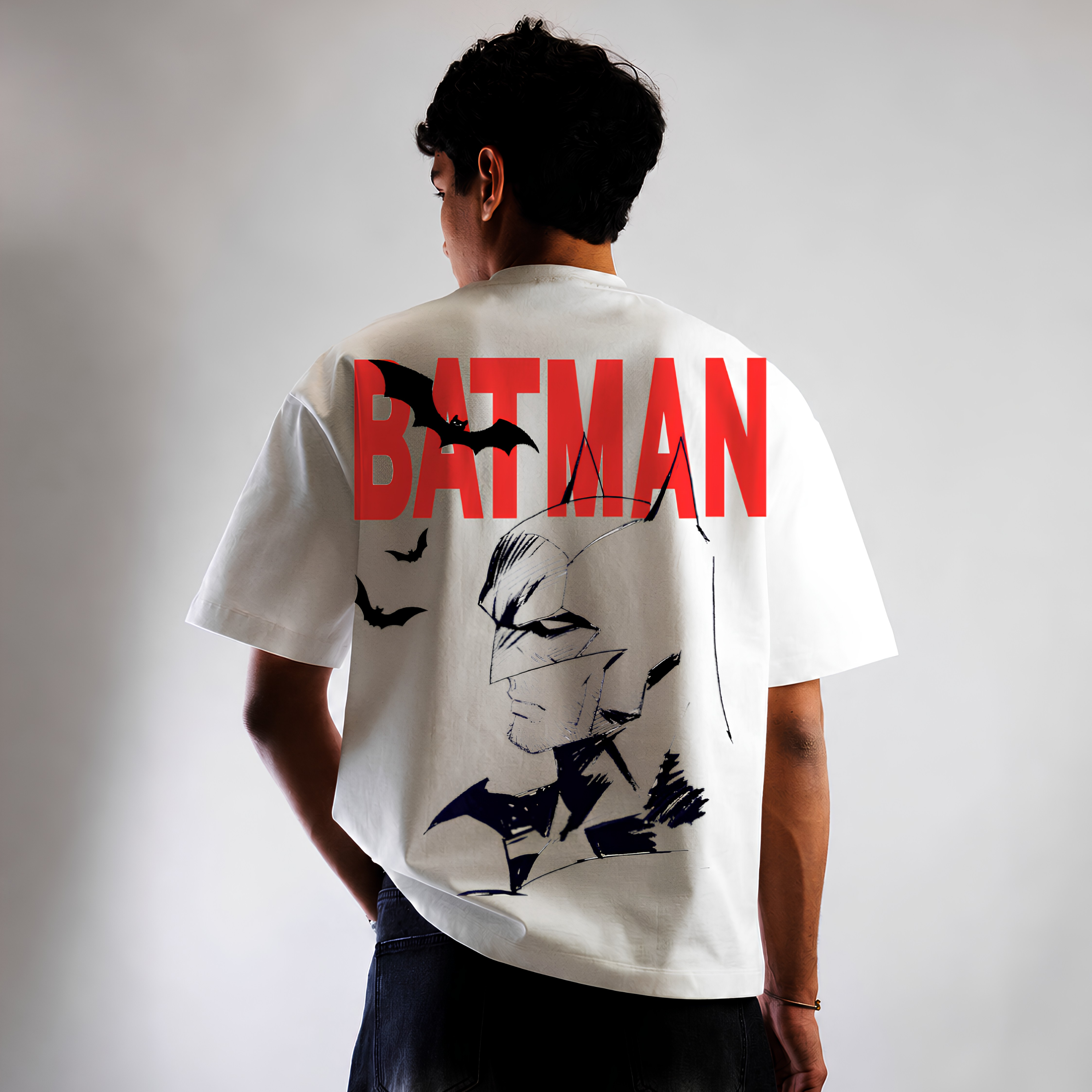 "Batman Dark Knight Sketch" Graphic Oversized T-Shirt in White