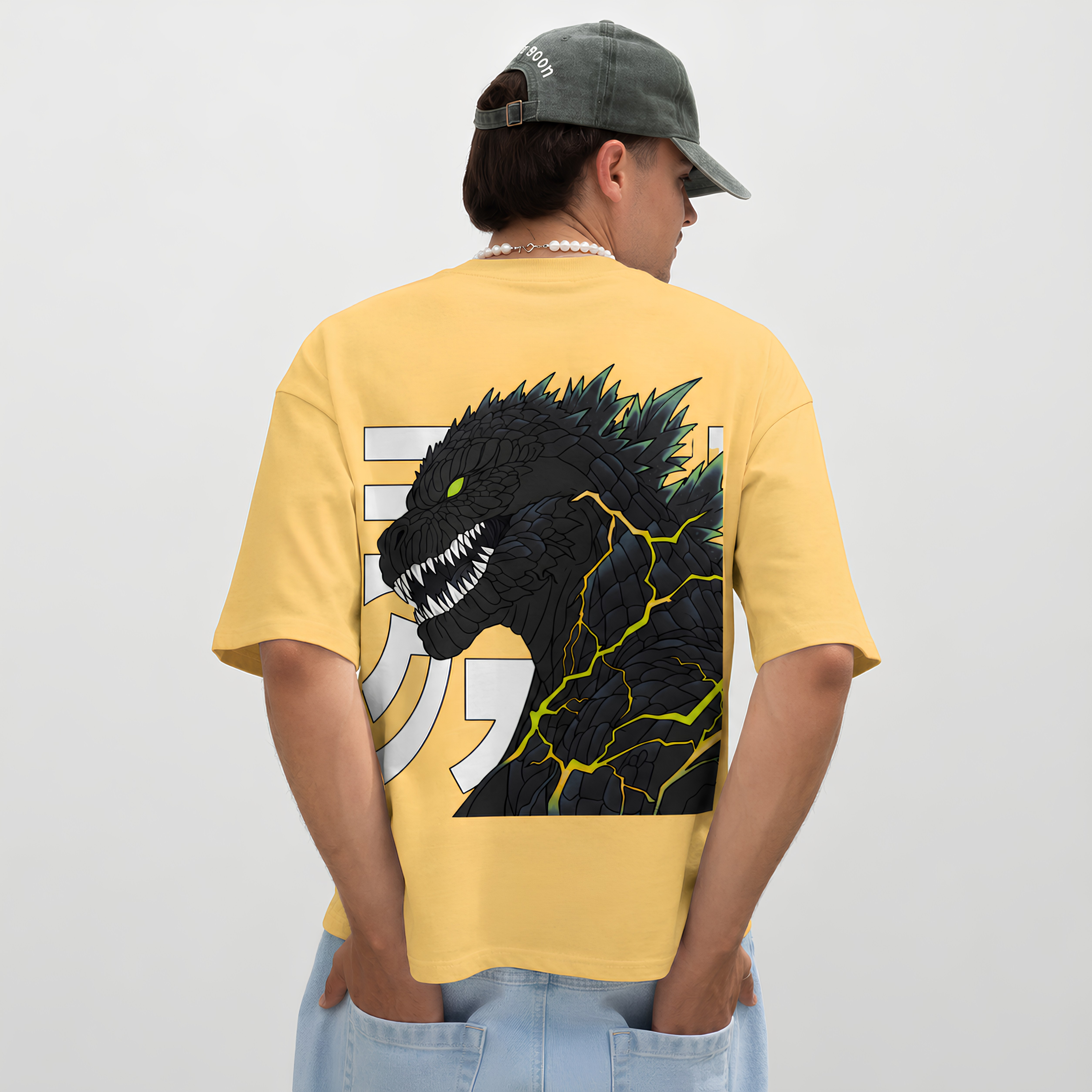 "Kaiju Godzilla" Japanese Typography Graphic Oversized T-Shirt in Mustard Yellow