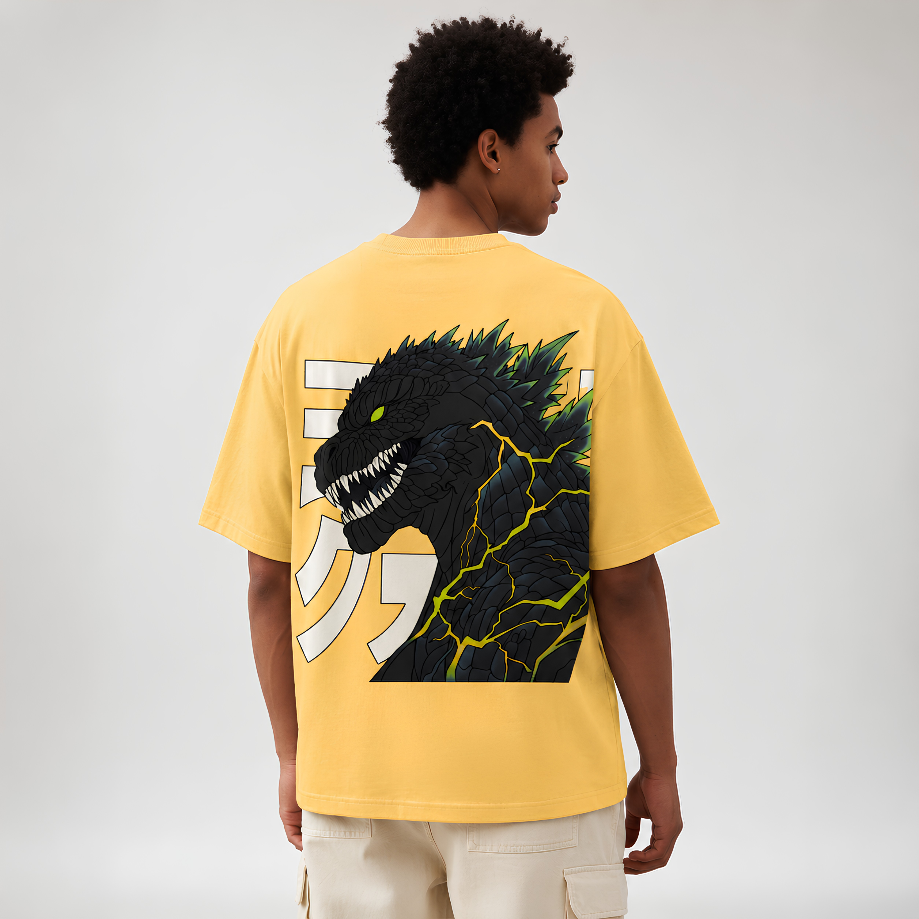 "Kaiju Godzilla" Japanese Typography Graphic Oversized T-Shirt in Mustard Yellow