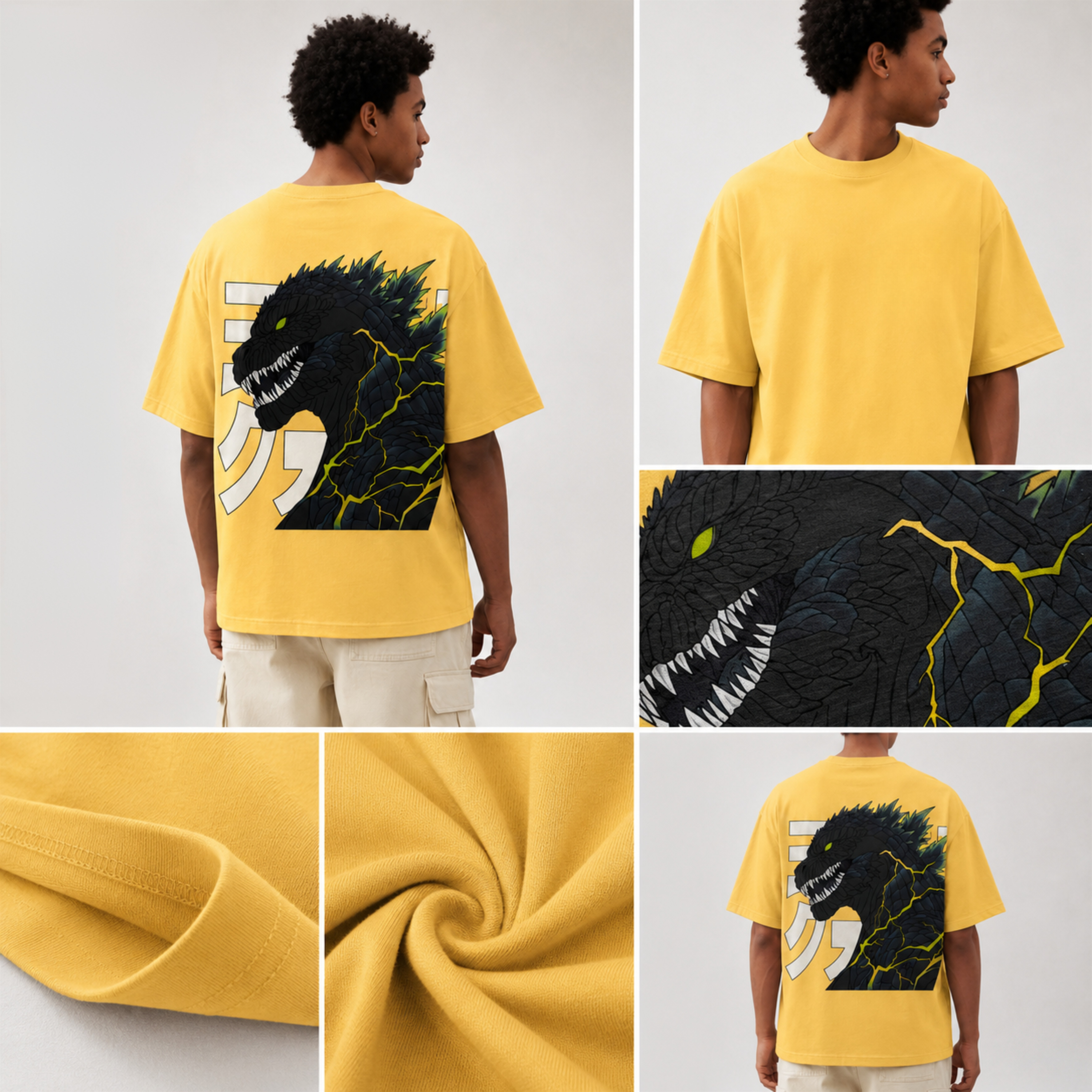 "Kaiju Godzilla" Japanese Typography Graphic Oversized T-Shirt in Mustard Yellow