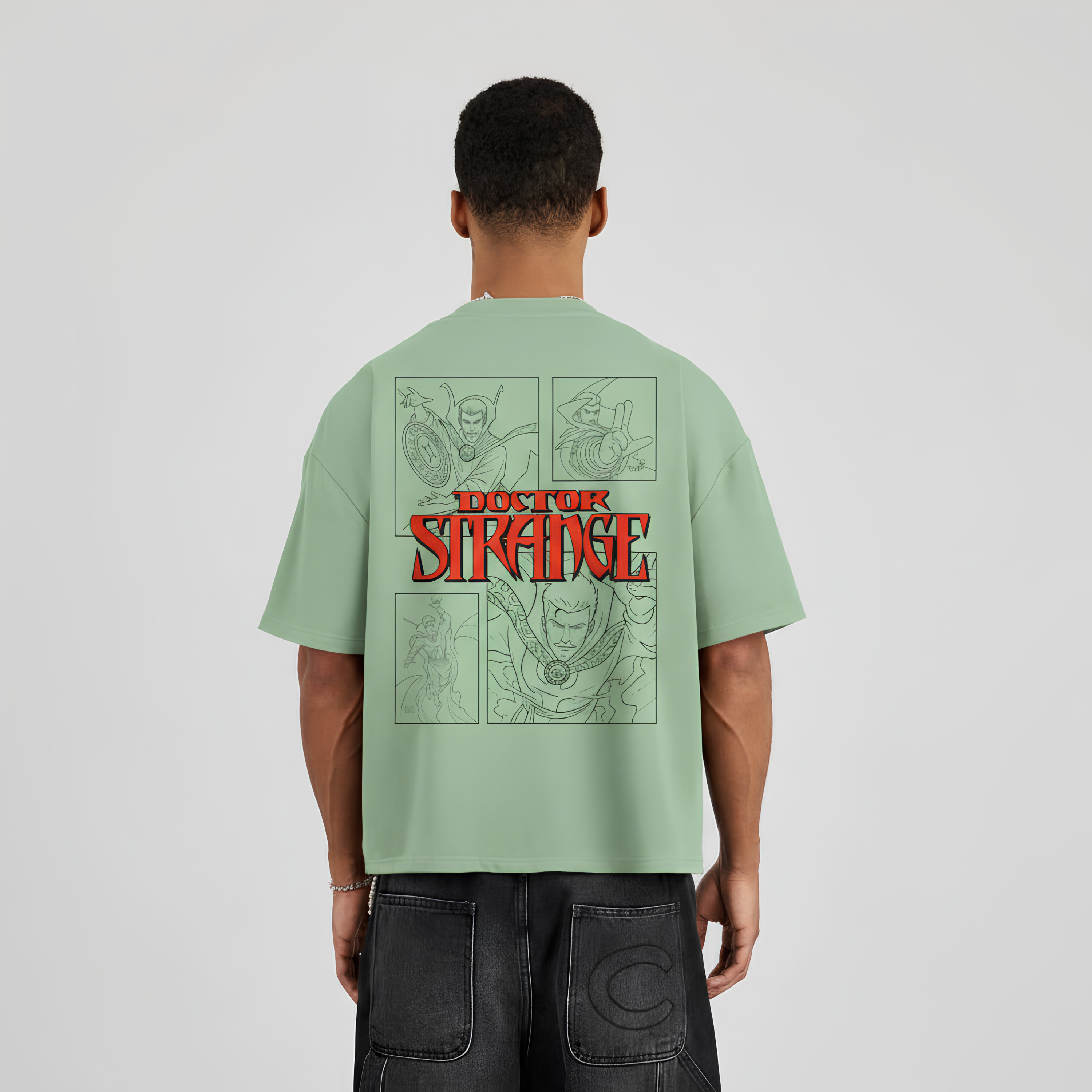 "Doctor Strange Vintage Comic Grid" Graphic Oversized T-Shirt in Sage Green