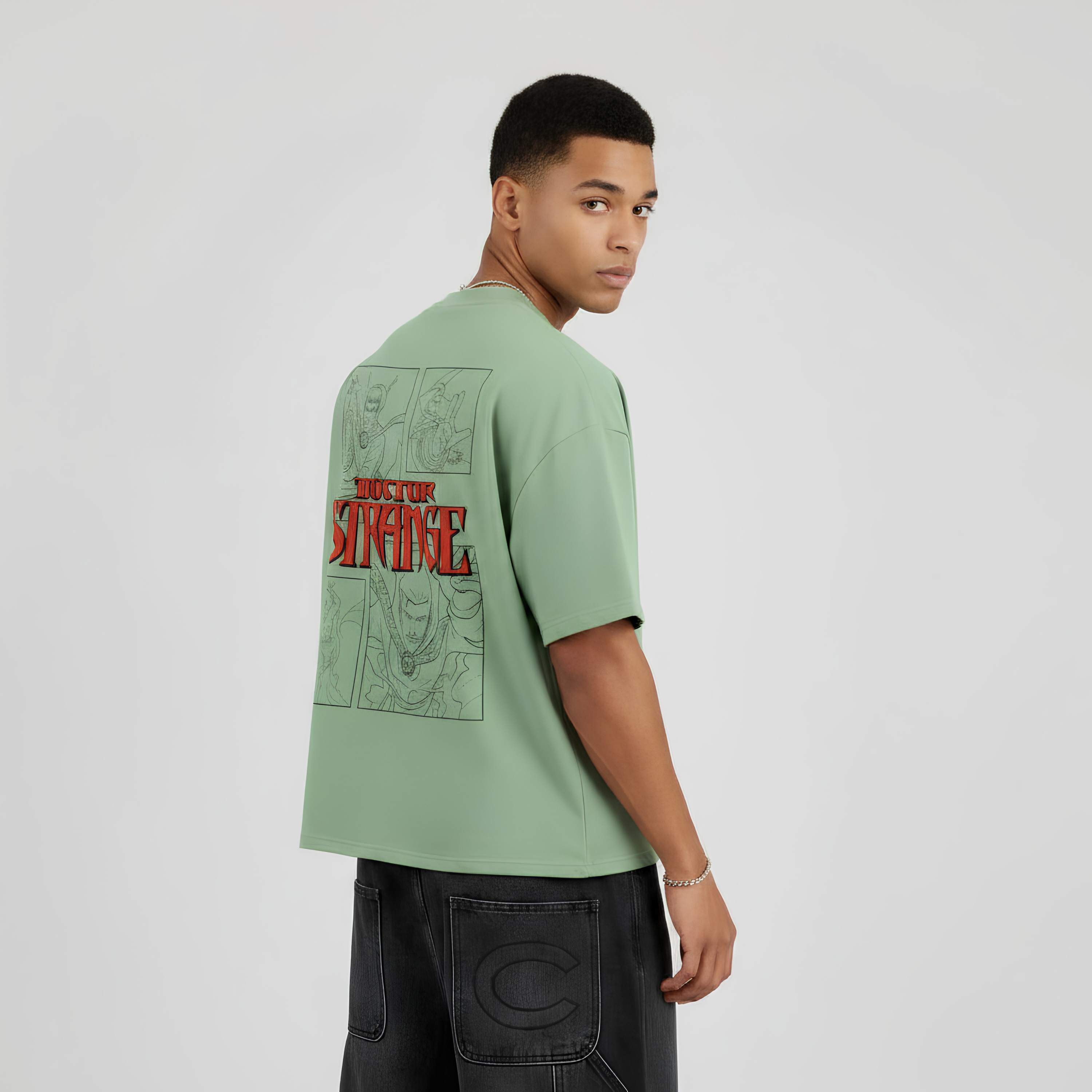 "Doctor Strange Vintage Comic Grid" Graphic Oversized T-Shirt in Sage Green