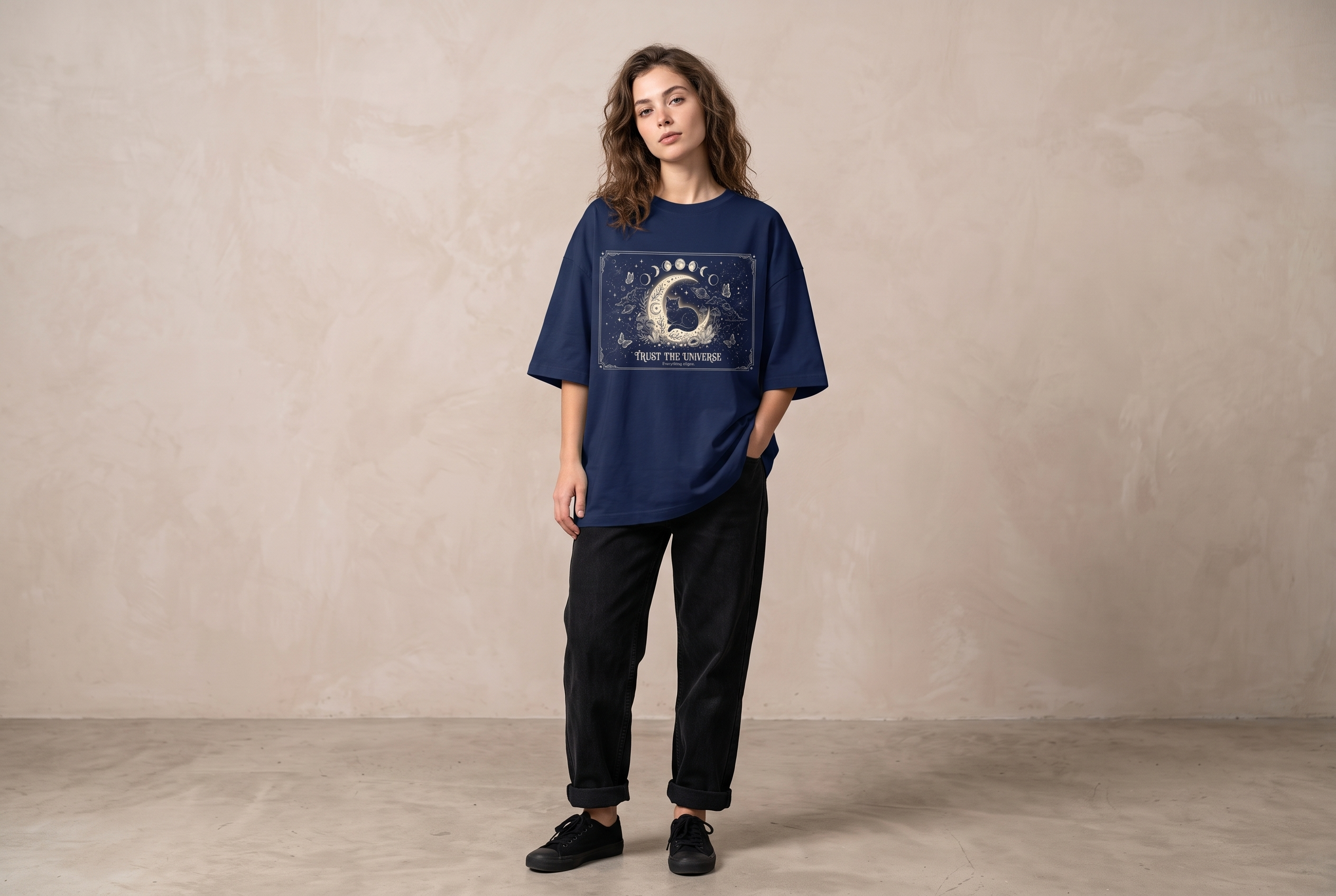 Trust The Universe Oversized Graphic T-Shirt | Celestial Moon Cat Tee