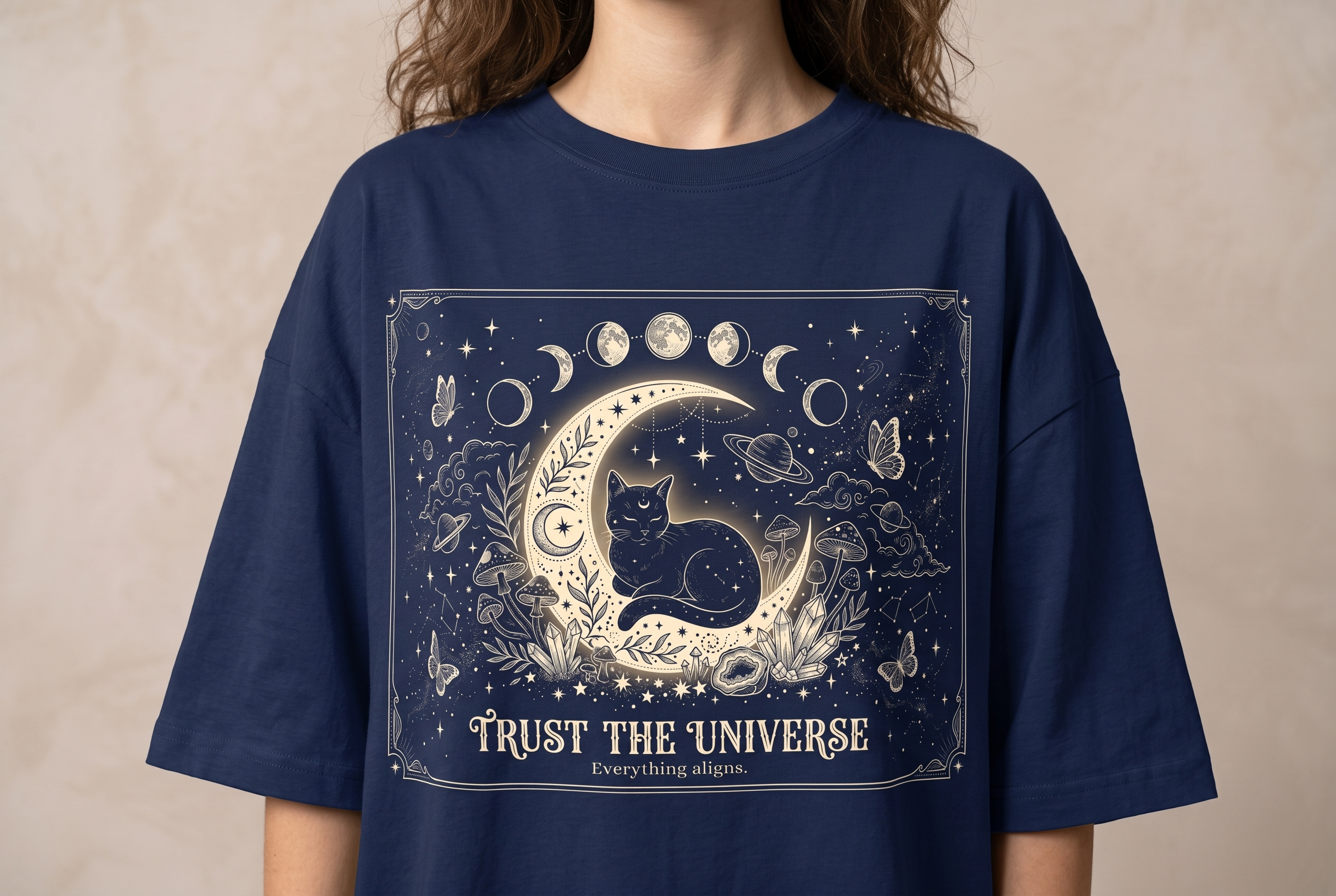 Trust The Universe Oversized Graphic T-Shirt | Celestial Moon Cat Tee