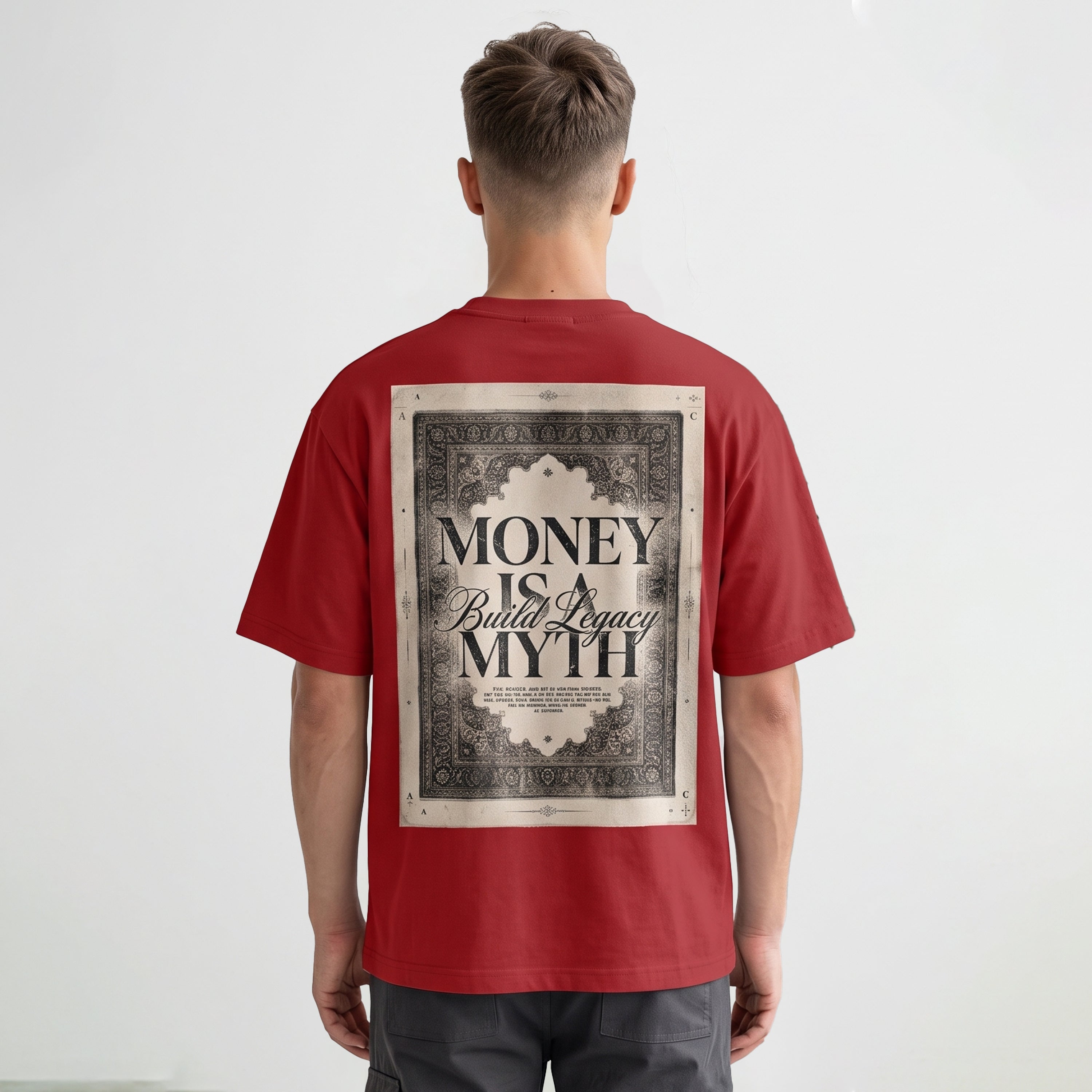 "Money Is A Myth / Build Legacy" Vintage Graphic Oversized T-Shirt in Crimson